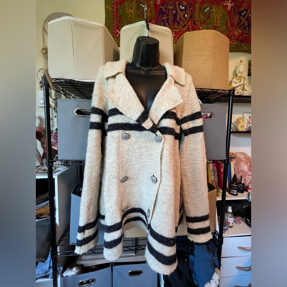 Free People Cream Knit Double-Breasted Coat with Black Stripes